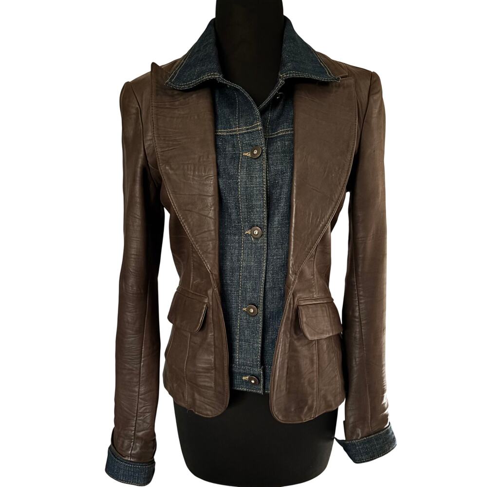 Cache Butter Brown Leather Denim Front Button Jacket 2 for 1 Lined $298 Sz 6 - Picture 2 of 8